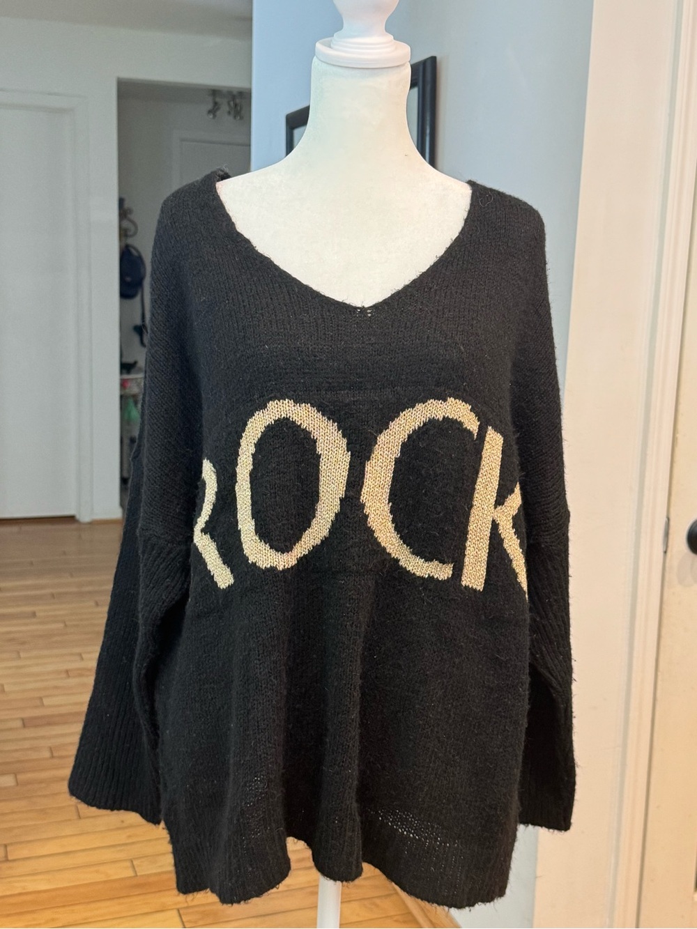 Black V-Neck 'ROCK' Graphic Sweater - Gold Metallic  Lettering